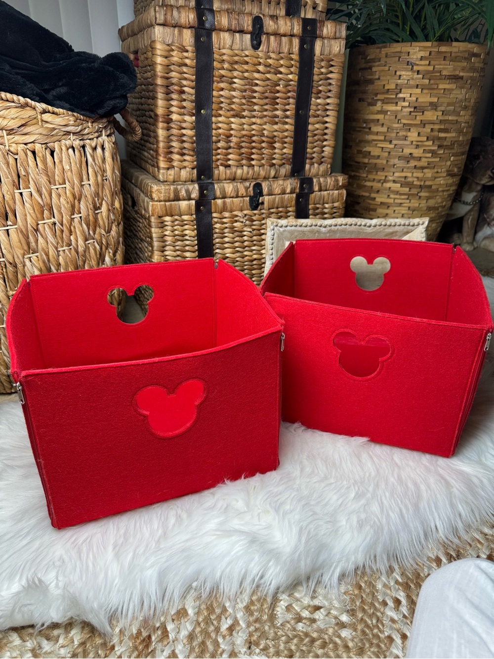 Disney’s Ethan Allen Red Felt Storage Bins with Mickey Mouse Cutouts - Pair